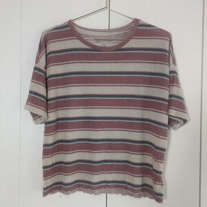 American Eagle Women's Medium waffle knit striped ruffle hem top pink cream